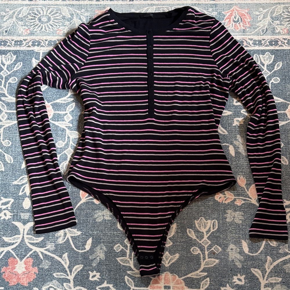 ATM Anthony Thomas Melillo Black and Pink Striped Bodysuit